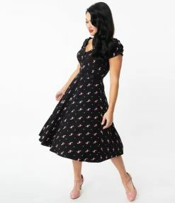 Sale Unique Vintage Black & Pink Flamingo Print Ohara Swing Dress