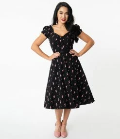 Sale Unique Vintage Black & Pink Flamingo Print Ohara Swing Dress