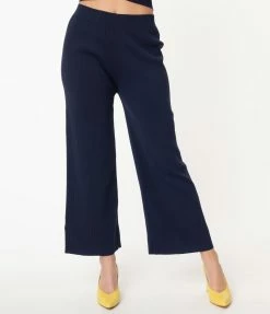 Compania Fantastica Retro Style Navy Blue Rib Knit Wide Leg Pants Sale