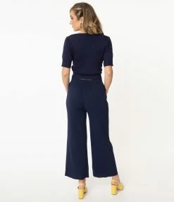 Compania Fantastica Retro Style Navy Blue Rib Knit Wide Leg Pants Sale