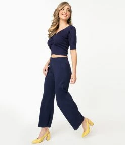 Compania Fantastica Retro Style Navy Blue Rib Knit Wide Leg Pants Sale