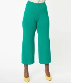 Compania Fantastica Retro Style Green Rib Knit Wide Leg Pants