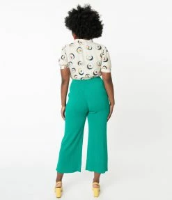 Compania Fantastica Retro Style Green Rib Knit Wide Leg Pants