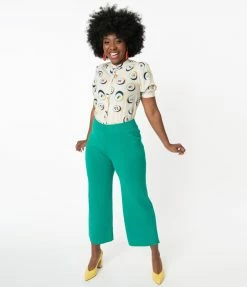 Compania Fantastica Retro Style Green Rib Knit Wide Leg Pants