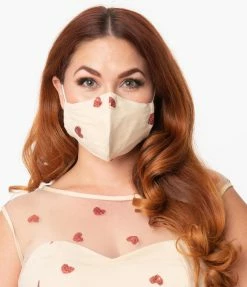 Magnolia Place Cream Mesh & Red Sequin Hearts Face Mask Sale