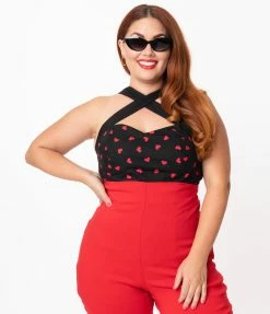 Magnolia Place Plus Size Black & Red Hearts Cross Neck Sandra Top