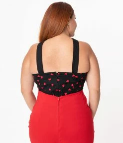 Magnolia Place Plus Size Black & Red Hearts Cross Neck Sandra Top