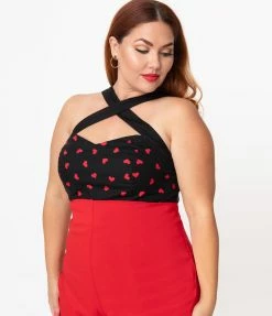 Magnolia Place Plus Size Black & Red Hearts Cross Neck Sandra Top