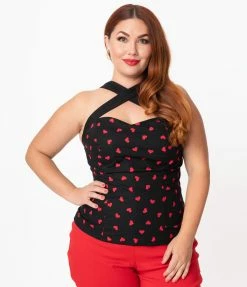 Magnolia Place Plus Size Black & Red Hearts Cross Neck Sandra Top