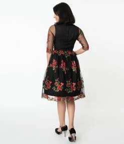 Magnolia Place Black Mesh & Red Embroidered Florals Sleeved Audrey Swing Dress Sale