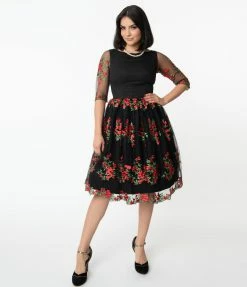 Magnolia Place Black Mesh & Red Embroidered Florals Sleeved Audrey Swing Dress Sale