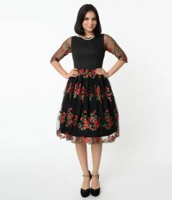 Magnolia Place Black Mesh & Red Embroidered Florals Sleeved Audrey Swing Dress Sale