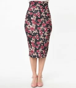 Sale Unique Vintage Black & Burgundy Floral Veronica Pencil Skirt