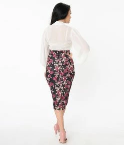 Sale Unique Vintage Black & Burgundy Floral Veronica Pencil Skirt