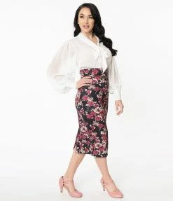 Sale Unique Vintage Black & Burgundy Floral Veronica Pencil Skirt