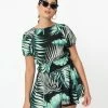 Allie Rose By Ember Sale Retro Style Green & Black Palm Print Crop Blouse