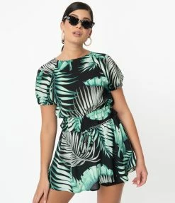 Allie Rose By Ember Sale Retro Style Green & Black Palm Print Crop Blouse