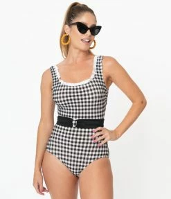 Coral & Jade Apparel, LLC (Bettie Page, Esther Williams, Girl Howdy) Esther Williams Black Gingham Peggy Sue One Piece Swimsuit