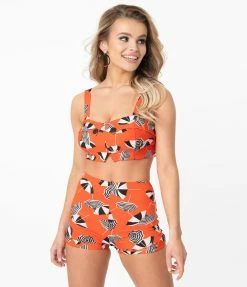 Coral & Jade Apparel, LLC (Bettie Page, Esther Williams, Girl Howdy) Swimwear Girl Howdy Orange & Beach Umbrella Print Bridgette Swim Crop Top