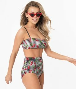 Coral & Jade Apparel, LLC (Bettie Page, Esther Williams, Girl Howdy) Bettie Page Gingham & Cherry Print Bandeau Swim Top Swimwear