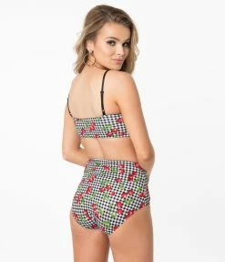 Coral & Jade Apparel, LLC (Bettie Page, Esther Williams, Girl Howdy) Bettie Page Gingham & Cherry Print Bandeau Swim Top Swimwear