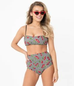Coral & Jade Apparel, LLC (Bettie Page, Esther Williams, Girl Howdy) Bettie Page Gingham & Cherry Print Bandeau Swim Top Swimwear