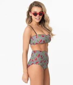 Coral & Jade Apparel, LLC (Bettie Page, Esther Williams, Girl Howdy) Bettie Page Gingham & Cherry Print Bandeau Swim Top Swimwear