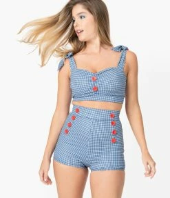Attempt Inc. (Pinky Pinups) Swimwear 1950s Blue Gingham & Red Buttons Swim Top