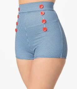 Attempt Inc. (Pinky Pinups) 1950s Pin-Up Style Blue Gingham & Red Buttons High Waist Swim Bottoms