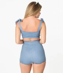 Attempt Inc. (Pinky Pinups) 1950s Pin-Up Style Blue Gingham & Red Buttons High Waist Swim Bottoms