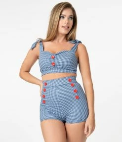 Attempt Inc. (Pinky Pinups) 1950s Pin-Up Style Blue Gingham & Red Buttons High Waist Swim Bottoms