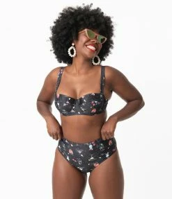 Collectif Black & Cocktail Menu Print Balcony Swim Top