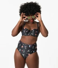 Collectif Black & Cocktail Menu Print Balcony Swim Top