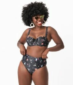 Collectif Black & Cocktail Menu Print Balcony Swim Top