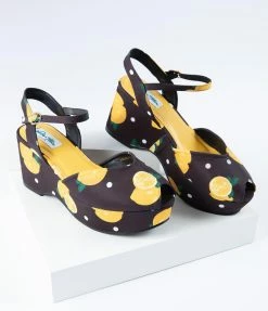 Heels & Wedges Collectif Black & Yellow Lemon Peep Toe Kelly Platform Wedge