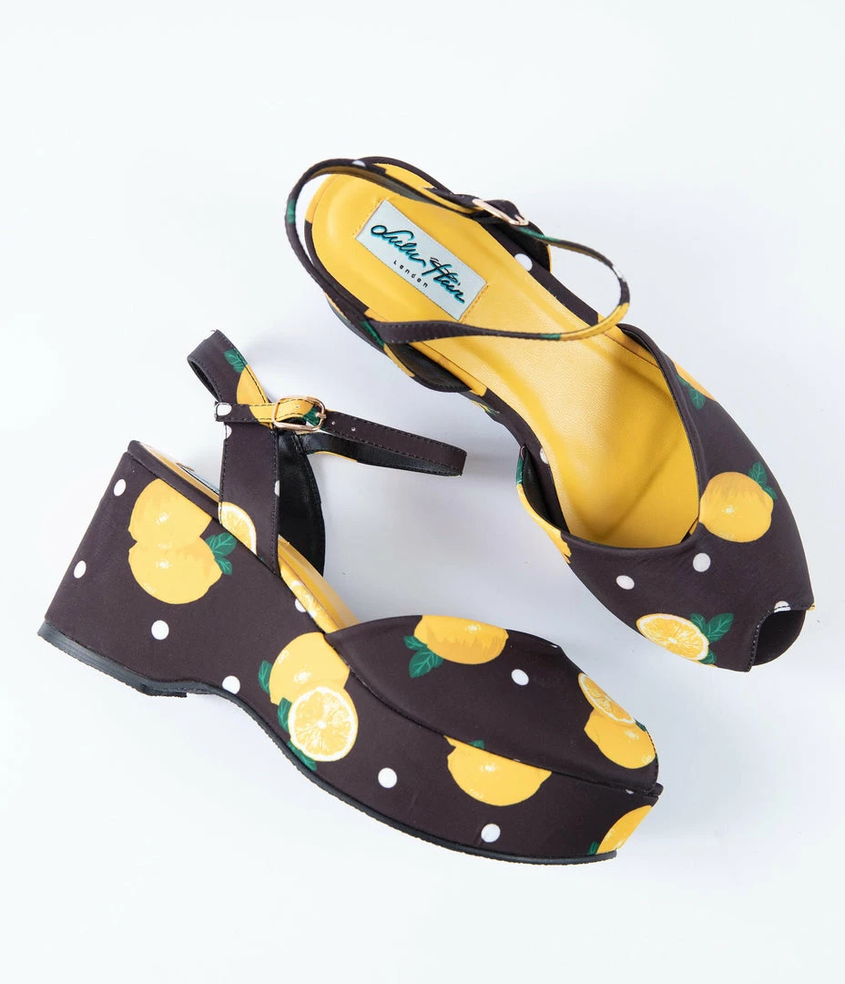 Heels & Wedges Collectif Black & Yellow Lemon Peep Toe Kelly Platform Wedge