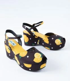 Heels & Wedges Collectif Black & Yellow Lemon Peep Toe Kelly Platform Wedge
