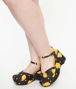 Heels & Wedges Collectif Black & Yellow Lemon Peep Toe Kelly Platform Wedge