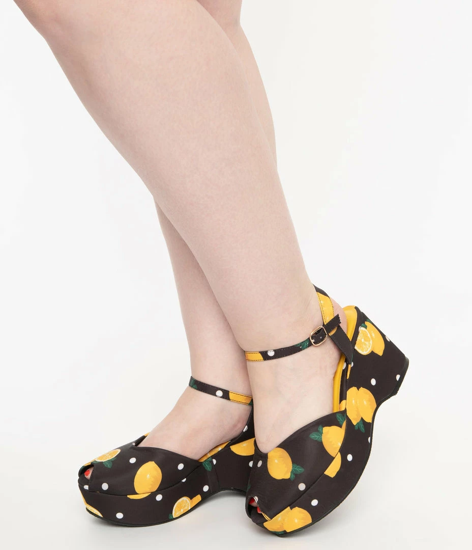 Heels & Wedges Collectif Black & Yellow Lemon Peep Toe Kelly Platform Wedge