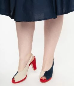 Heels & Wedges Collectif Navy & Ivory Colorblock Suede Peep Toe Ada Heels