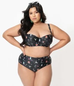 Collectif Plus Size Black & Cocktail Menu Print Balcony Swim Top Swimwear