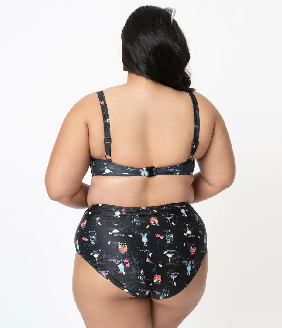 Collectif Plus Size Black & Cocktail Menu Print Balcony Swim Top Swimwear