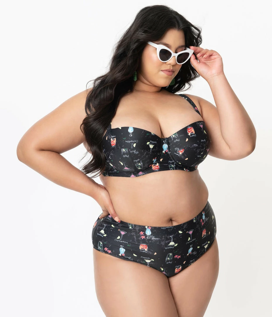 Collectif Plus Size Black & Cocktail Menu Print Balcony Swim Top Swimwear