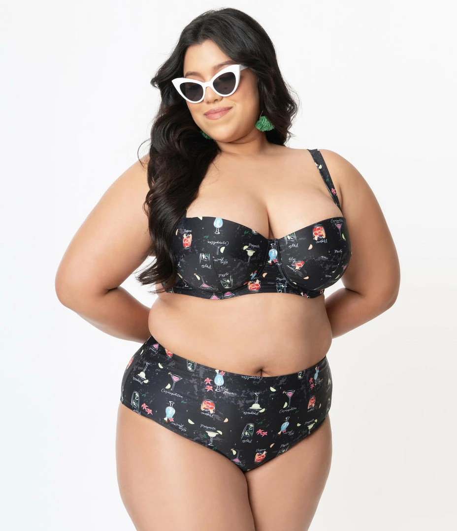 Collectif Plus Size Black & Cocktail Menu Print Balcony Swim Top Swimwear
