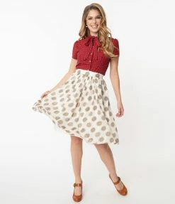 Mikarose Retro Style Cream & Medallion Print Flare Skirt Sale
