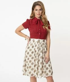 Mikarose Retro Style Cream & Medallion Print Flare Skirt Sale