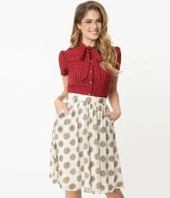 Mikarose Retro Style Cream & Medallion Print Flare Skirt Sale