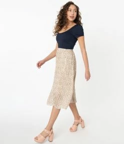 Mikarose Sale Vintage Cream & Dainty Pink Floral Print Pleated Midi Skirt