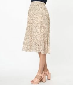 Mikarose Sale Vintage Cream & Dainty Pink Floral Print Pleated Midi Skirt
