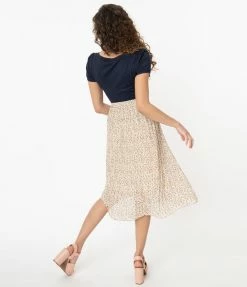 Mikarose Sale Vintage Cream & Dainty Pink Floral Print Pleated Midi Skirt